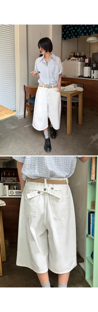 Levin Length  Cotton Tab Hidden Elastic Waist Wide Bermuda Half Pants Cotton Shorts