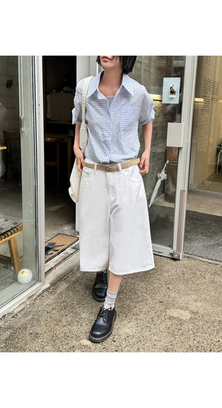 Levin Length  Cotton Tab Hidden Elastic Waist Wide Bermuda Half Pants Cotton Shorts