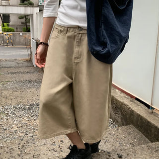 Levin Length  Cotton Tab Hidden Elastic Waist Wide Bermuda Half Pants Cotton Shorts