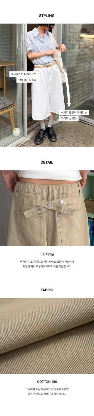Levin Length  Cotton Tab Hidden Elastic Waist Wide Bermuda Half Pants Cotton Shorts