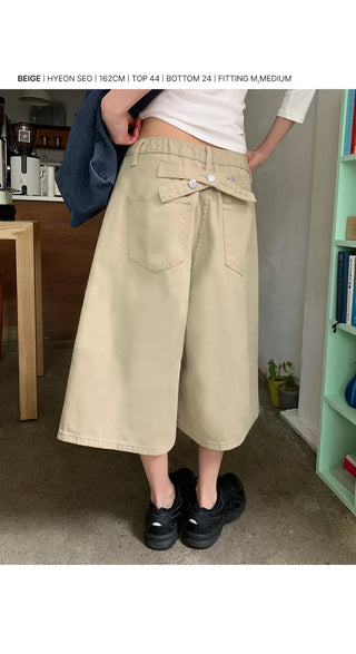Levin Length  Cotton Tab Hidden Elastic Waist Wide Bermuda Half Pants Cotton Shorts