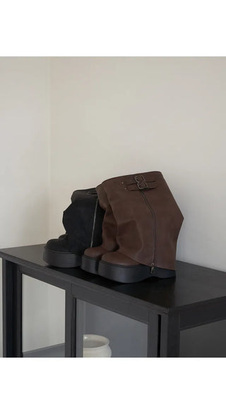 Tsukebit Folding Zipper Double Buckle Strap Warmer Platform Long Boots