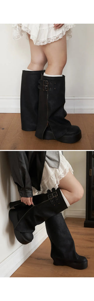 Tsukebit Folding Zipper Double Buckle Strap Warmer Platform Long Boots