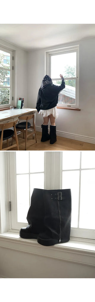 Tsukebit Folding Zipper Double Buckle Strap Warmer Platform Long Boots