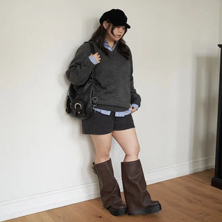 Tsukebit Folding Zipper Double Buckle Strap Warmer Platform Long Boots