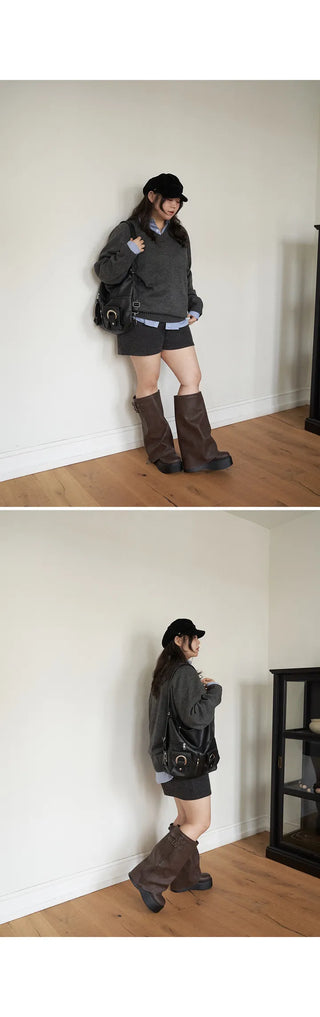 Tsukebit Folding Zipper Double Buckle Strap Warmer Platform Long Boots