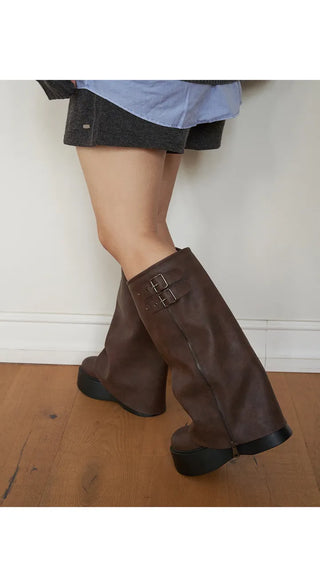 Tsukebit Folding Zipper Double Buckle Strap Warmer Platform Long Boots