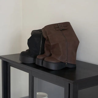 Tsukebit Folding Zipper Double Buckle Strap Warmer Platform Long Boots