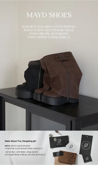 Tsukebit Folding Zipper Double Buckle Strap Warmer Platform Long Boots