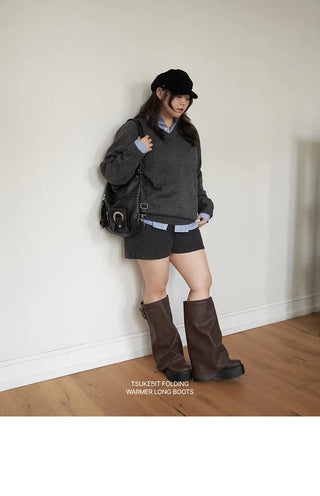 Tsukebit Folding Zipper Double Buckle Strap Warmer Platform Long Boots