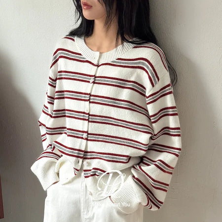 Laena Striped Semi-Crop Round Loose Fit Long Sleeve Knit Cardigan