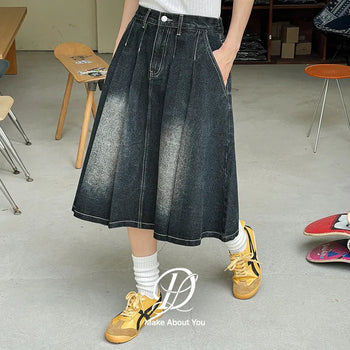 Zoids Vintage Washed Denim Pleated A-Line Back Elastic Midi Long Skirt Denim Skirt