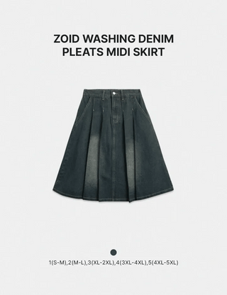 Zoids Vintage Washed Denim Pleated A-Line Back Elastic Midi Long Skirt Denim Skirt