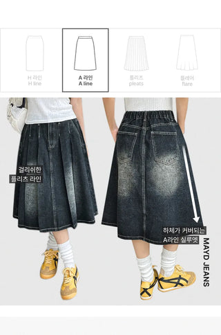 Zoids Vintage Washed Denim Pleated A-Line Back Elastic Midi Long Skirt Denim Skirt