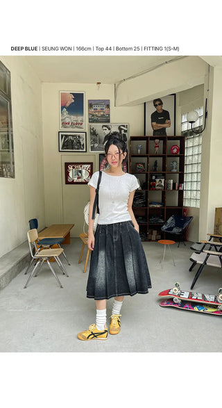 Zoids Vintage Washed Denim Pleated A-Line Back Elastic Midi Long Skirt Denim Skirt