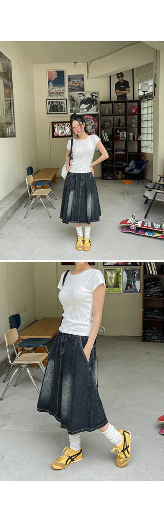 Zoids Vintage Washed Denim Pleated A-Line Back Elastic Midi Long Skirt Denim Skirt