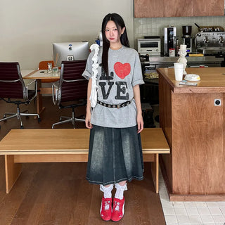 Zoids Vintage Washed Denim Pleated A-Line Back Elastic Midi Long Skirt Denim Skirt