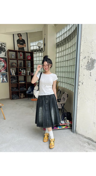 Zoids Vintage Washed Denim Pleated A-Line Back Elastic Midi Long Skirt Denim Skirt