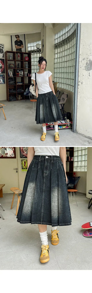 Zoids Vintage Washed Denim Pleated A-Line Back Elastic Midi Long Skirt Denim Skirt