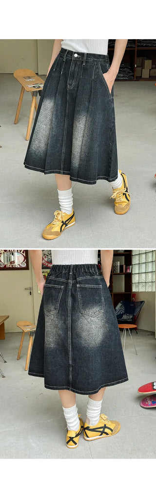 Zoids Vintage Washed Denim Pleated A-Line Back Elastic Midi Long Skirt Denim Skirt
