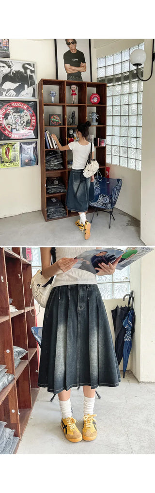 Zoids Vintage Washed Denim Pleated A-Line Back Elastic Midi Long Skirt Denim Skirt