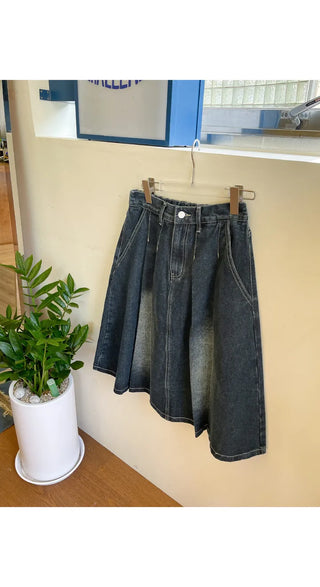 Zoids Vintage Washed Denim Pleated A-Line Back Elastic Midi Long Skirt Denim Skirt