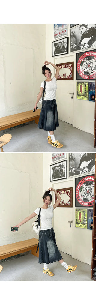 Zoids Vintage Washed Denim Pleated A-Line Back Elastic Midi Long Skirt Denim Skirt