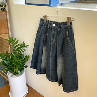Zoids Vintage Washed Denim Pleated A-Line Back Elastic Midi Long Skirt Denim Skirt