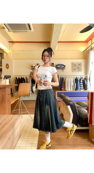 Zoids Vintage Washed Denim Pleated A-Line Back Elastic Midi Long Skirt Denim Skirt