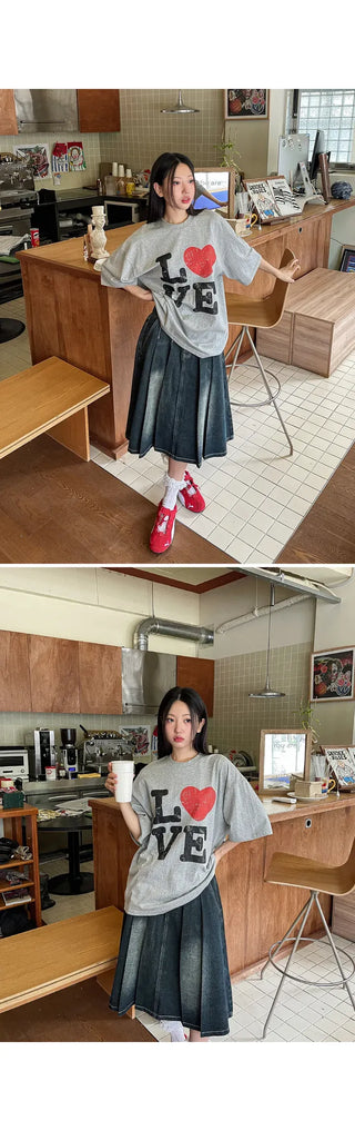 Zoids Vintage Washed Denim Pleated A-Line Back Elastic Midi Long Skirt Denim Skirt