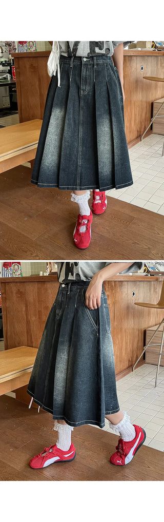 Zoids Vintage Washed Denim Pleated A-Line Back Elastic Midi Long Skirt Denim Skirt