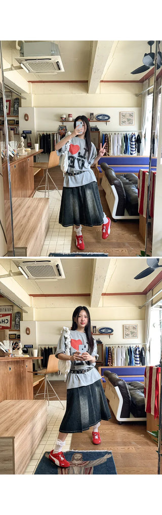 Zoids Vintage Washed Denim Pleated A-Line Back Elastic Midi Long Skirt Denim Skirt