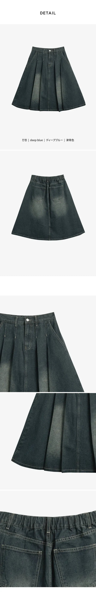Zoids Vintage Washed Denim Pleated A-Line Back Elastic Midi Long Skirt Denim Skirt