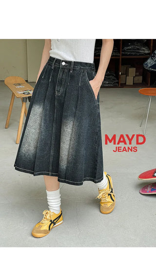 Zoids Vintage Washed Denim Pleated A-Line Back Elastic Midi Long Skirt Denim Skirt