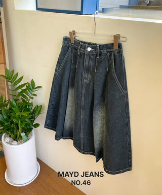 Zoids Vintage Washed Denim Pleated A-Line Back Elastic Midi Long Skirt Denim Skirt