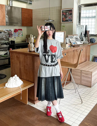 Zoids Vintage Washed Denim Pleated A-Line Back Elastic Midi Long Skirt Denim Skirt