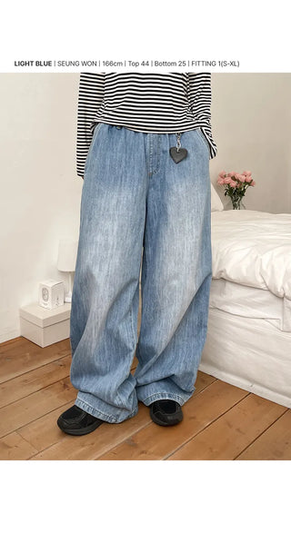 Desti Two-Way String Jogger Wide Elastic Waist Washed Denim Pants