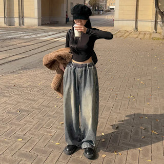Desti Two-Way String Jogger Wide Elastic Waist Washed Denim Pants