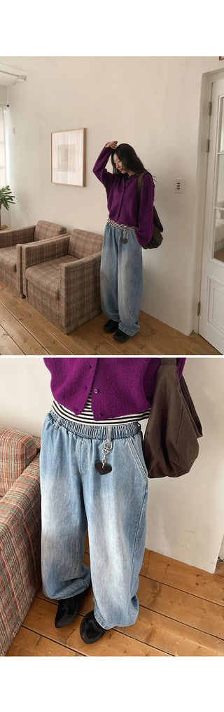 Desti Two-Way String Jogger Wide Elastic Waist Washed Denim Pants