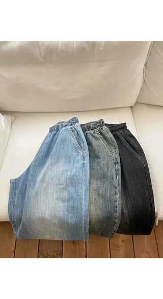 Desti Two-Way String Jogger Wide Elastic Waist Washed Denim Pants