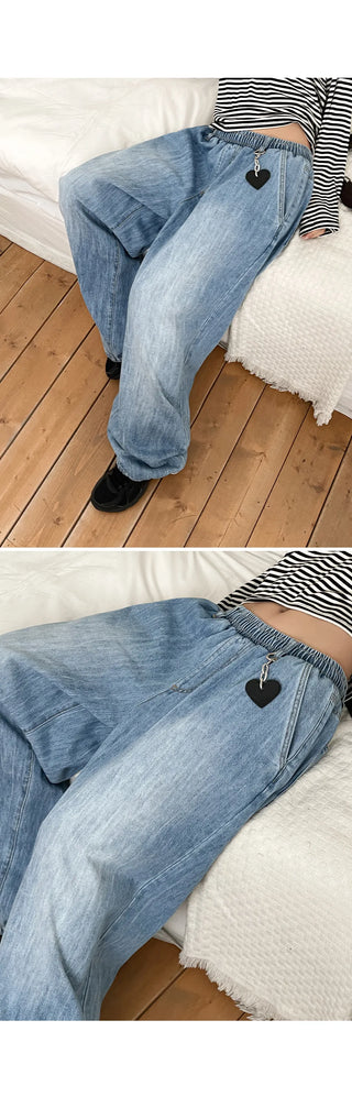 Desti Two-Way String Jogger Wide Elastic Waist Washed Denim Pants