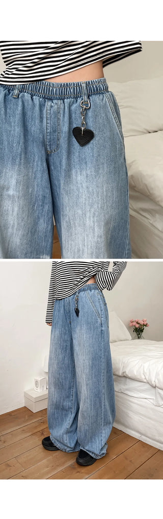 Desti Two-Way String Jogger Wide Elastic Waist Washed Denim Pants