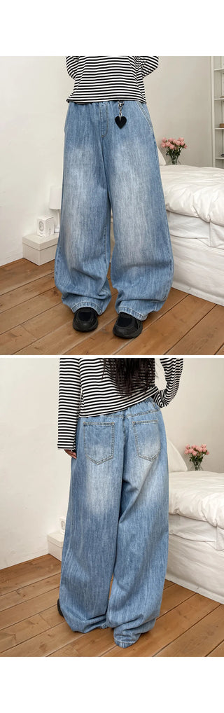 Desti Two-Way String Jogger Wide Elastic Waist Washed Denim Pants