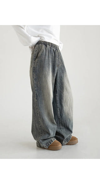 Desti Two-Way String Jogger Wide Elastic Waist Washed Denim Pants