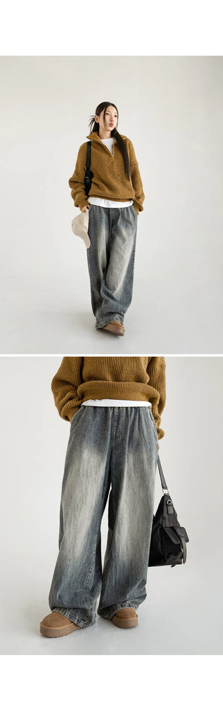 Desti Two-Way String Jogger Wide Elastic Waist Washed Denim Pants