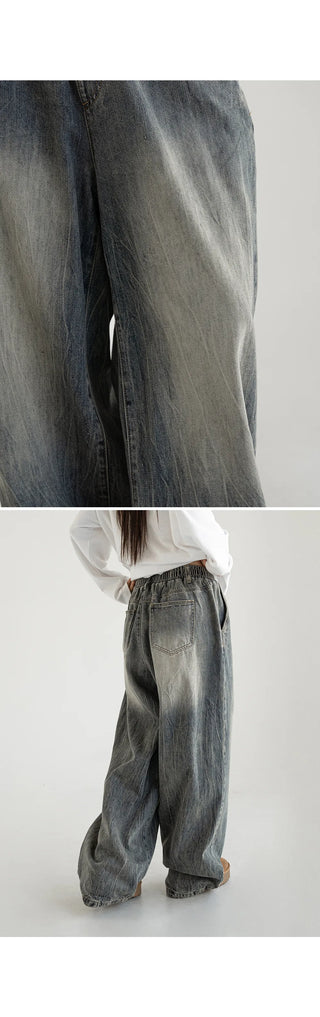 Desti Two-Way String Jogger Wide Elastic Waist Washed Denim Pants