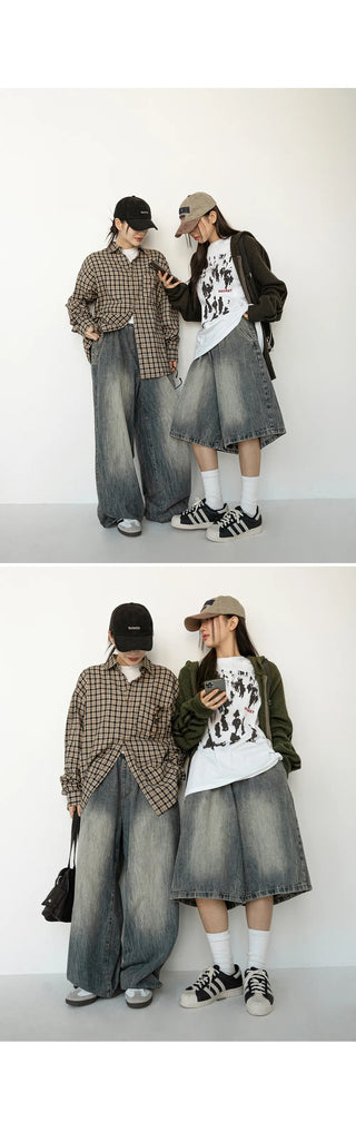 Desti Two-Way String Jogger Wide Elastic Waist Washed Denim Pants