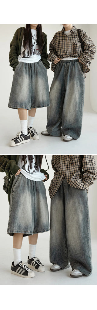 Desti Two-Way String Jogger Wide Elastic Waist Washed Denim Pants