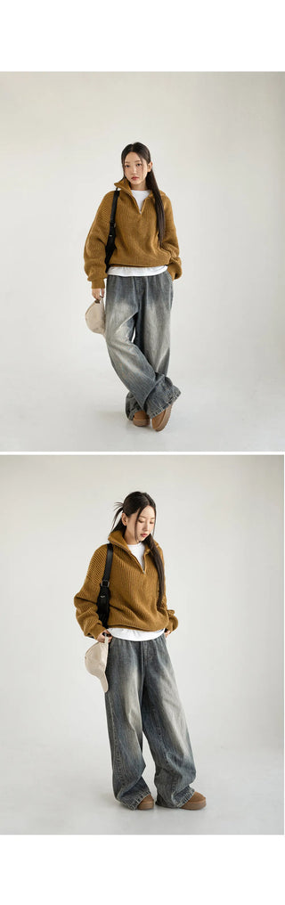 Desti Two-Way String Jogger Wide Elastic Waist Washed Denim Pants