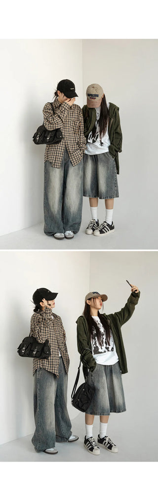 Desti Two-Way String Jogger Wide Elastic Waist Washed Denim Pants